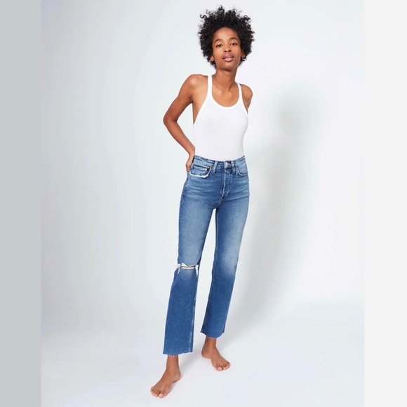 RE/DONE 70s Ultra High Rise Stove Pipe Jeans, Size 29, in Vintage Indigo Destroy - Picture 4 of 16